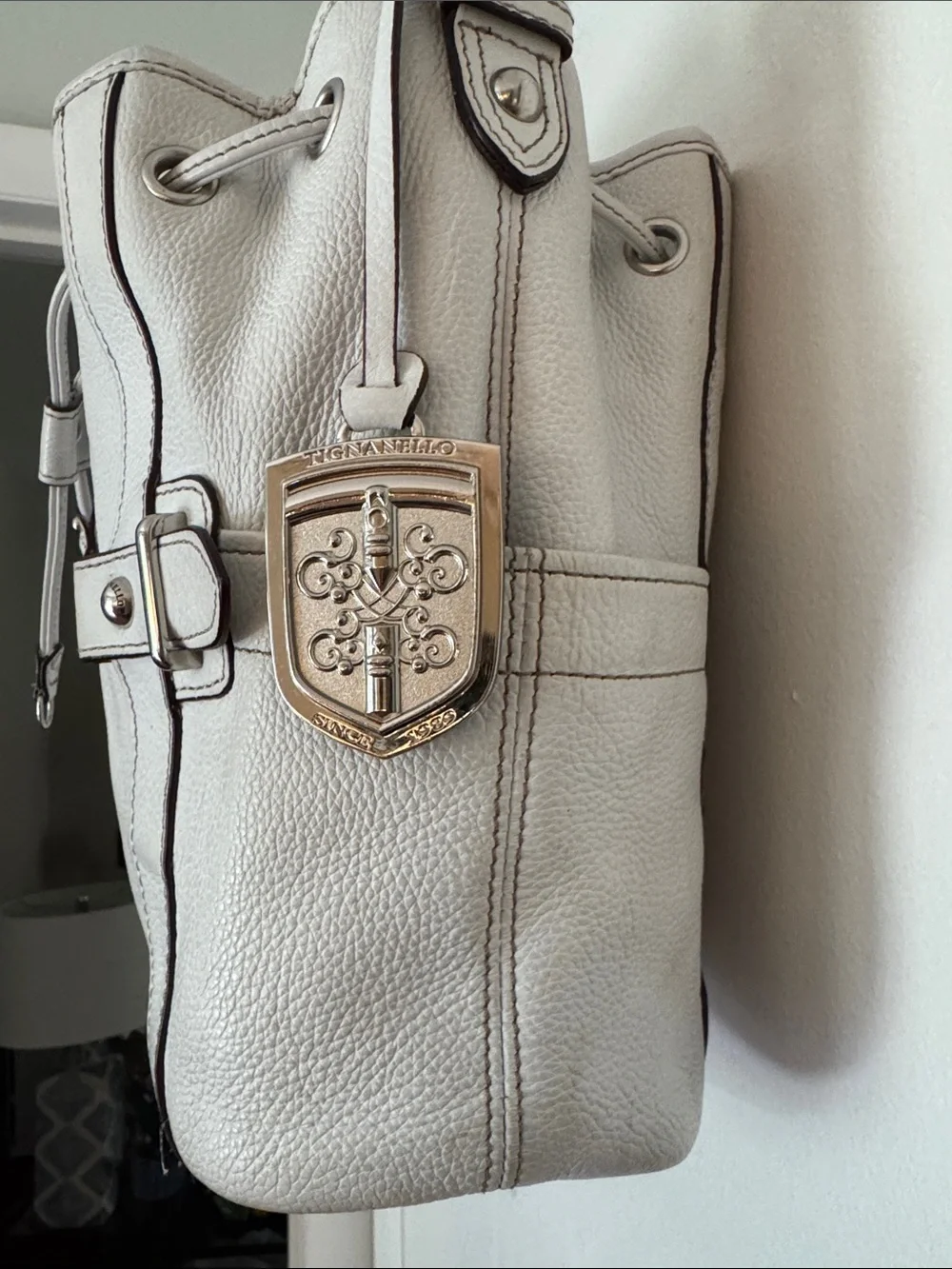 Tignanello White Pebbled Leather Drawstring Hobo